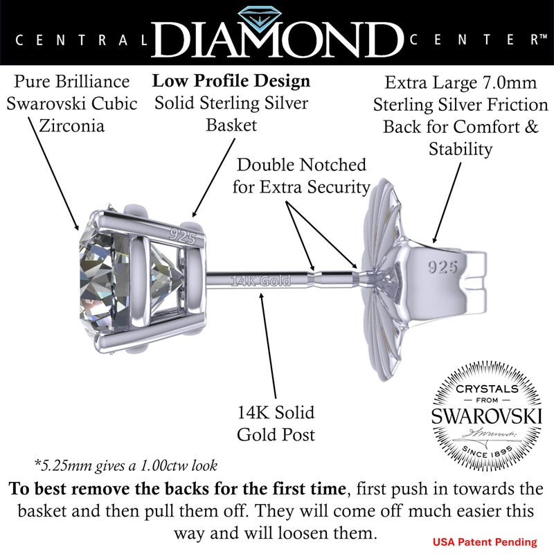 Central Diamond Center 14K Solid Gold Post & Sterling Silver Made with Swarovski 4 Prong CZ Stud Earrings - Platinum Plated - 5.25mm - 1.00cttw - Image 2